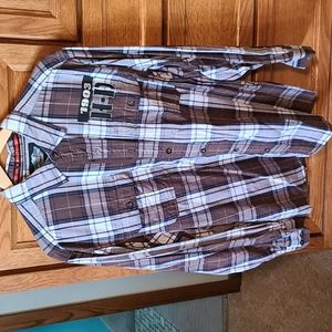Men's XL Harley-Davidson long sleeve button down plaid shirt brown blue & white